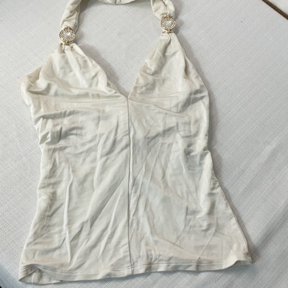 Versace Cream Halter Tank Top with Embellished Straps